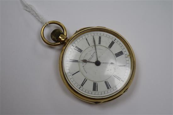 A late Victorian 18ct gold keyless chronograph pocket watch, by Fattorini & Sons.